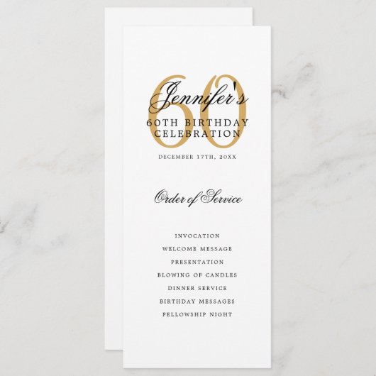 Elegant Gold 60th Birthday Party Programma Menu (Voorkant / Achterkant)