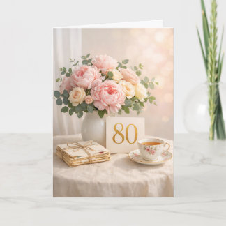 Elegant Gold “80” Floral Tea Party 80th Birthday Kaart