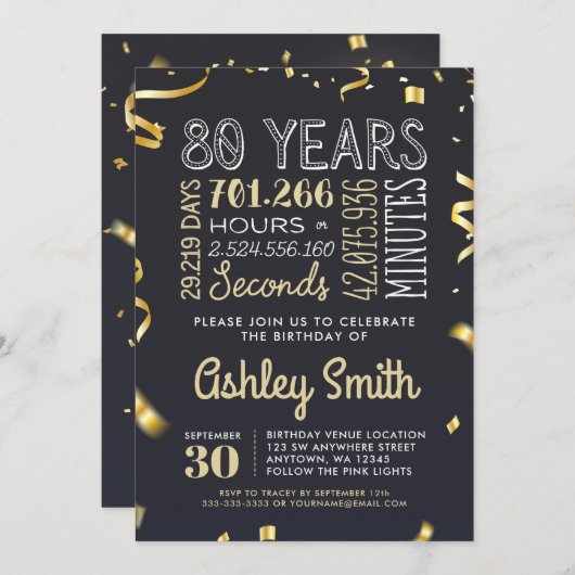 Elegant Gold 80th Birthday Invitation - 80 jaar Kaart (Voorkant / Achterkant)