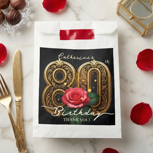 Elegant Gold 80th Birthday Red Rose Floral Black Bedankzakje