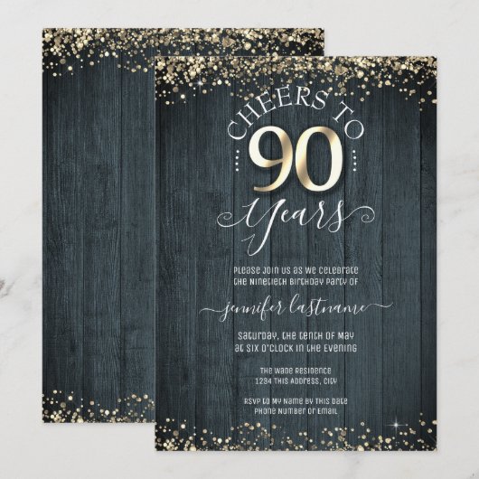 Elegant Gold 90th Birthday Formal Invitation Kaart (Voorkant / Achterkant)