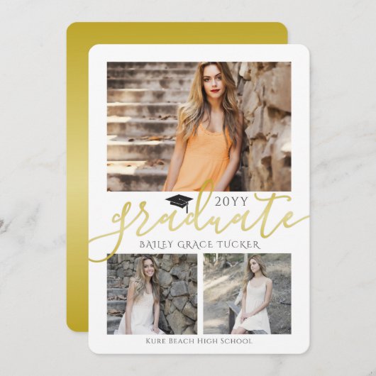 Elegant Gold Afstudeerder Collage Afstuderen Invit Aankondiging (Voorkant / Achterkant)