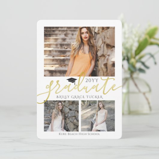 Elegant Gold Afstudeerder Collage Afstuderen Invit Aankondiging (Staand voorkant)