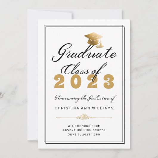 Elegant Gold Afstudeerder Pet White Afstuderen Kla Aankondiging (Voorkant)