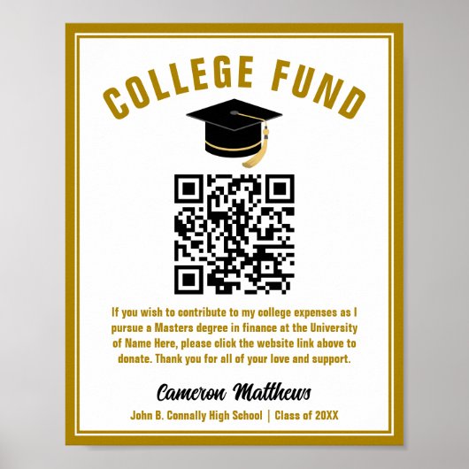 Elegant Gold Afstuderen College Fund QR-code Poster (Voorkant)