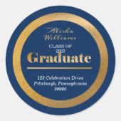 Elegant Gold Afstuderen donkerblauw retouradres Ronde Sticker (Voorkant)