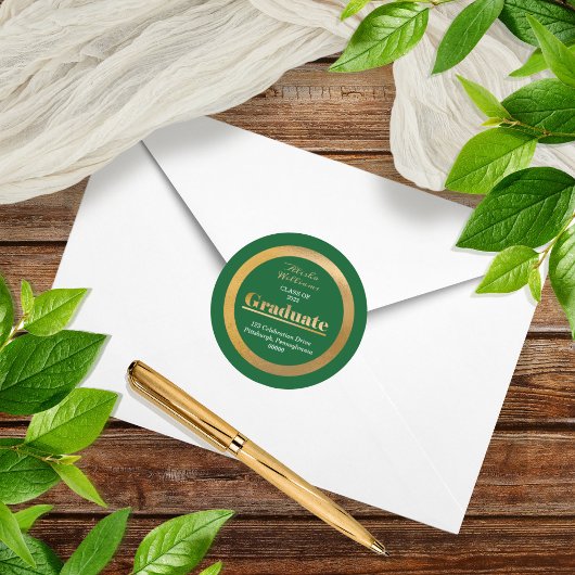 Elegant Gold Afstuderen groen retouradres Ronde Sticker