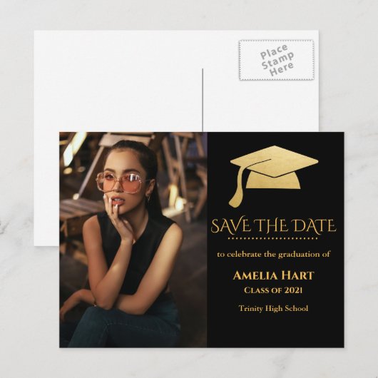 Elegant Gold Afstuderen Pet | De datum-foto opslaa Briefkaart (Voorkant / Achterkant)