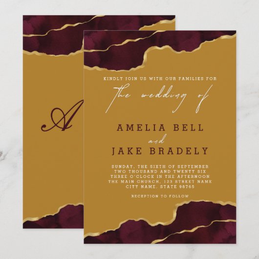Elegant Gold Agate Burgundy Wedding Invitation Kaart (Voorkant / Achterkant)