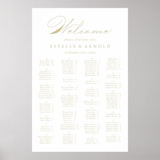 Elegant Gold Alfabetical Seating Chart Poster (Voorkant)