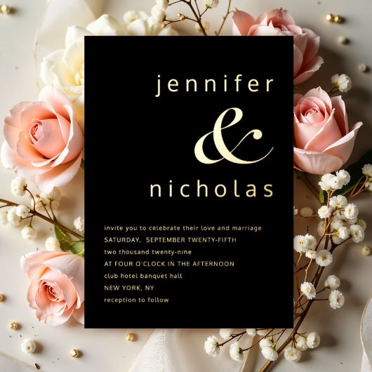 Elegant Gold Ampersand Black Wedding Folie Uitnodiging