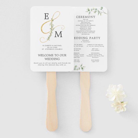 Elegant Gold Ampersand Eucalyptus Wedding Programm Handwaaier (Voorkant en achterkant)