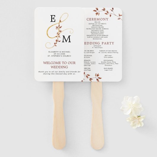 Elegant Gold Ampersand Fall Wedding Program Handwaaier (Voorkant en achterkant)