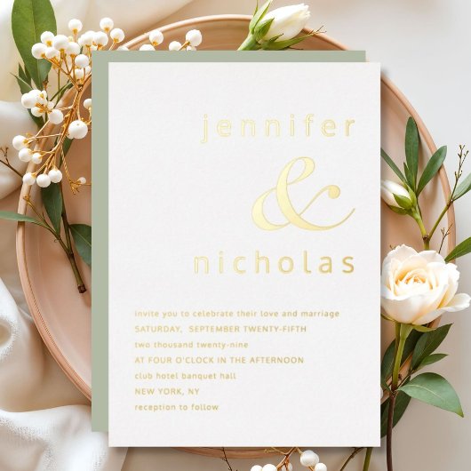 Elegant Gold Ampersand Sage Green Wedding Folie Uitnodiging