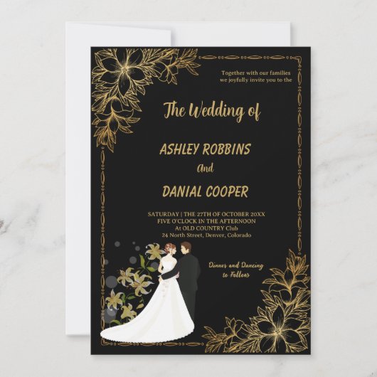 Elegant gold and Black Border floral Wedding  Kaart (Voorkant)