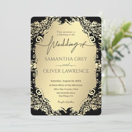 Elegant Gold and Black Damask Wedding Invitation Kaart (Staand voorkant)