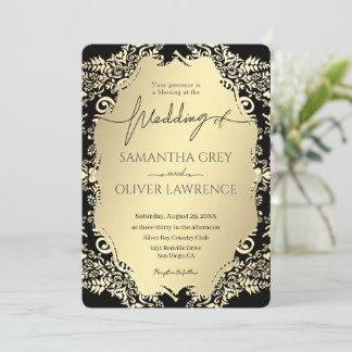 Elegant Gold and Black Damask Wedding Invitation Kaart