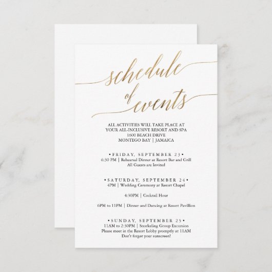 Elegant Gold and Black Wedding Schedule of Events Informatiekaartje (Voorkant / Achterkant)
