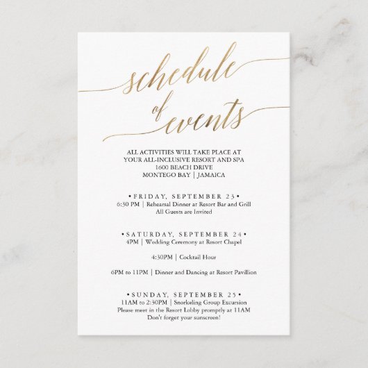 Elegant Gold and Black Wedding Schedule of Events Informatiekaartje (Voorkant)