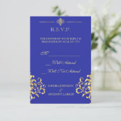 Elegant Gold and Blue Damask Wedding R.S.V.P. RSVP Kaartje (Staand voorkant)