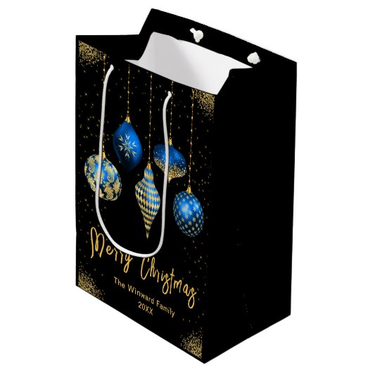 Elegant Gold and Blue Ornament Christmas Medium Cadeauzakje (Voorkant Gekanteld)