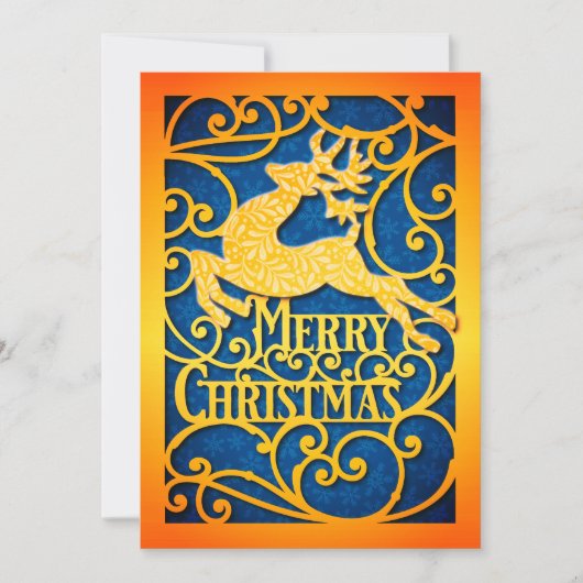 Elegant Gold and Blue Reindeer "Merry Christmas"  Feestdagenkaart (Voorkant)