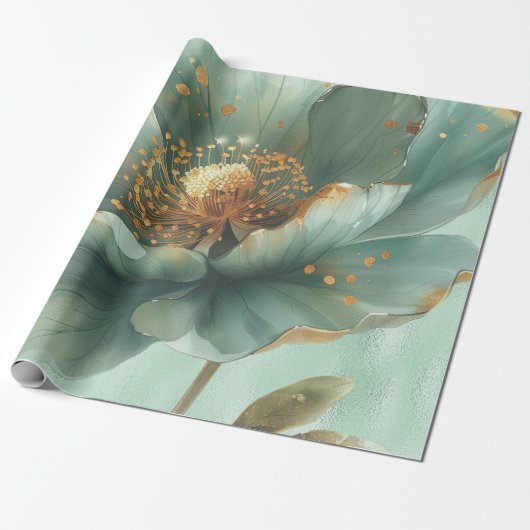 Elegant Gold and Emerald Poppy Wedding Wrapping  Cadeaupapier (Uitgerold)