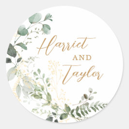 Elegant Gold and Greenery Eucalyptus Wedding Ronde Sticker