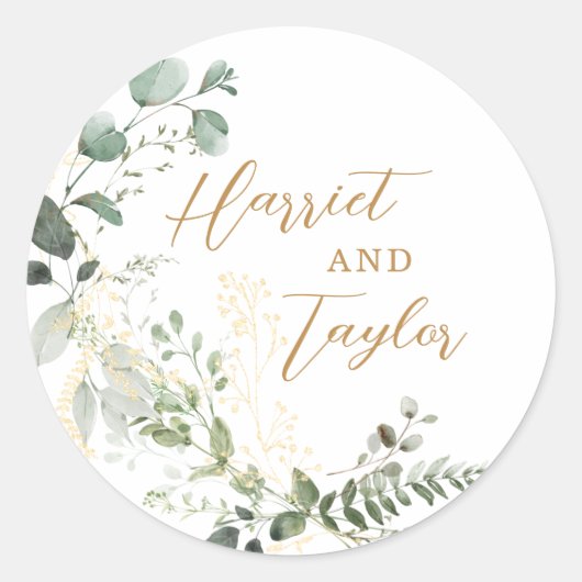Elegant Gold and Greenery Eucalyptus Wedding Ronde Sticker (Voorkant)