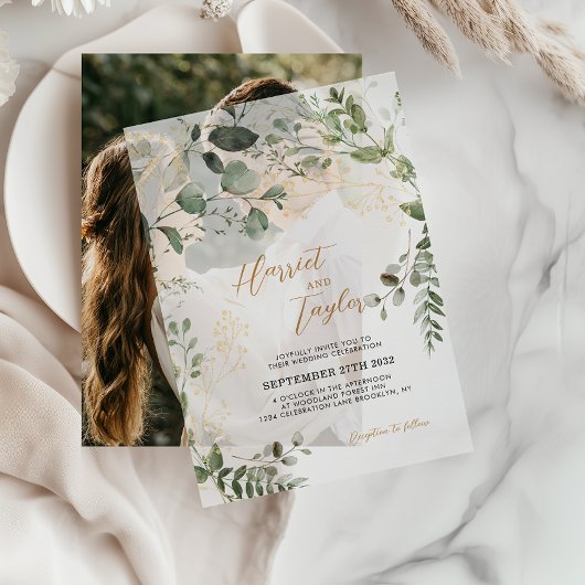 Elegant Gold and Greenery Eucalyptus Wedding Vellum Uitnodigingen