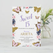 Elegant gold and pink butterfly birthday invitatio kaart (Staand voorkant)
