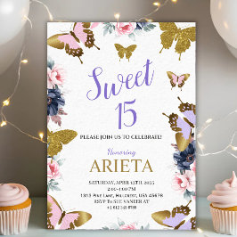 Elegant gold and pink butterfly birthday invitatio kaart