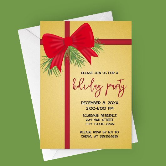 Elegant Gold and Red Bow Holiday Party Invitation Kaart