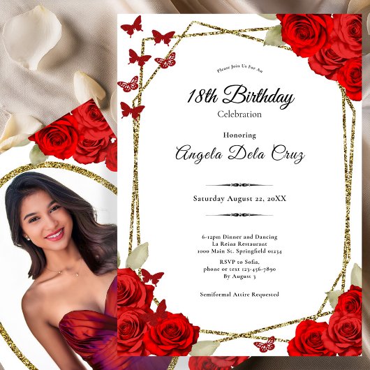 Elegant Gold and Red Roses 18th Birthday Debut Kaart