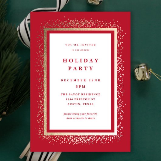 Elegant Gold and Red Sparkle Holiday Party Kaart