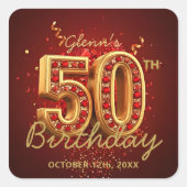 Elegant Gold and Ruby Red 50th Birthday Party Vierkante Sticker (Voorkant)
