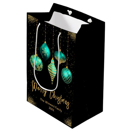 Elegant Gold and Teal Ornament Christmas Medium Cadeauzakje (Voorkant Gekanteld)