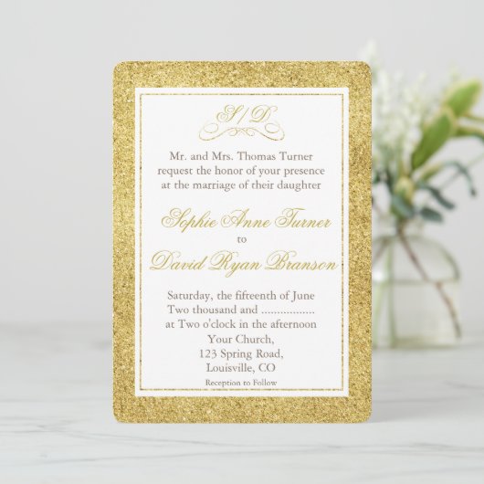 Elegant Gold and White Border Wedding Invite Kaart (Staand voorkant)
