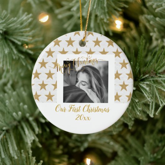 Elegant Gold and White Custom Your Photo & Text Keramisch Ornament (Boom)