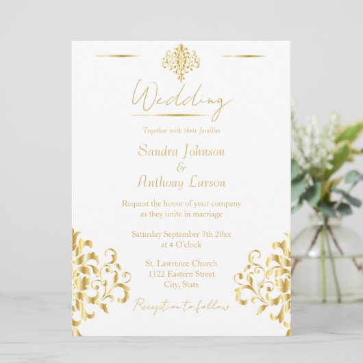 Elegant Gold and White Damask Wedding Invitation Kaart (Staand voorkant)