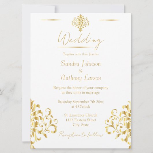 Elegant Gold and White Damask Wedding Invitation Kaart (Voorkant)