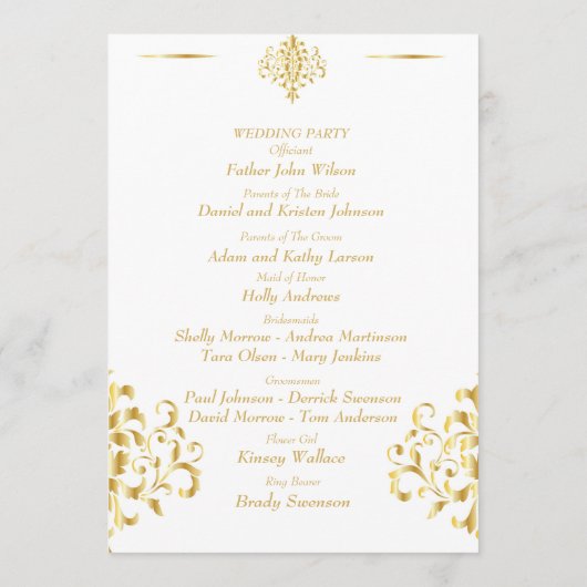 Elegant Gold and White Damask Wedding Programmakaart (Achterkant)