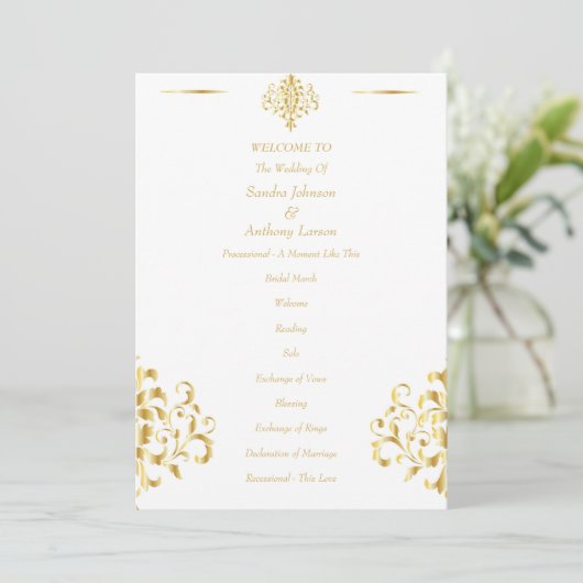 Elegant Gold and White Damask Wedding Programmakaart (Staand voorkant)
