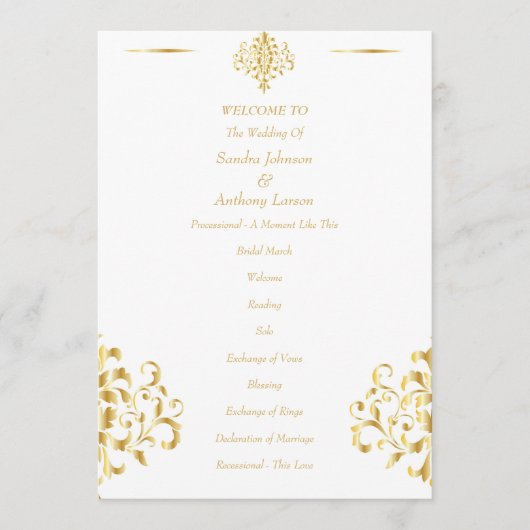 Elegant Gold and White Damask Wedding Programmakaart (Voorkant)