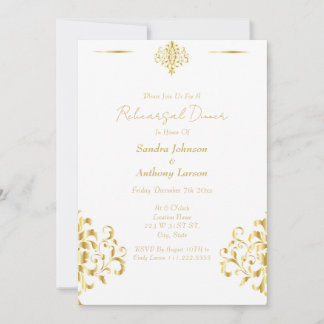 Elegant Gold and White Damask Wedding Rehearsal Kaart
