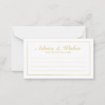 Elegant Gold and White Wedding Advice and Wishes Advieskaart<br><div class="desc">Prachtige Elegant Gold en White Wedding Advice en Wishes Kaart met uw informatie in gouden elegante lettertypestijl met gouden rechthoekgrens. Klik op de knop Aanpassen om het ontwerp aan te passen. Houd er rekening mee dat de goudfolie op het product een gedrukt effect is en geen echte gouden folie.</div>