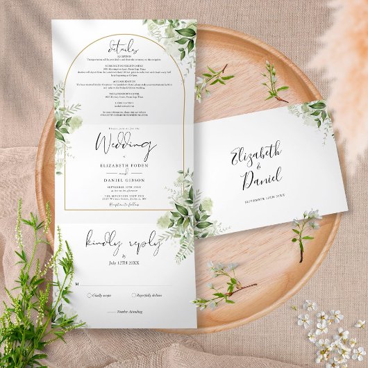 Elegant Gold Arch Botanical Greenery Photo Wedding Drieluik Uitnodiging