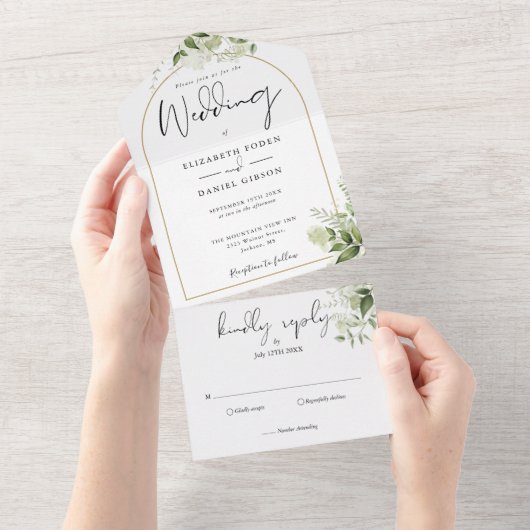 Elegant Gold Arch Botanical Greenery Wedding All In One Uitnodiging (Afscheurbaar)
