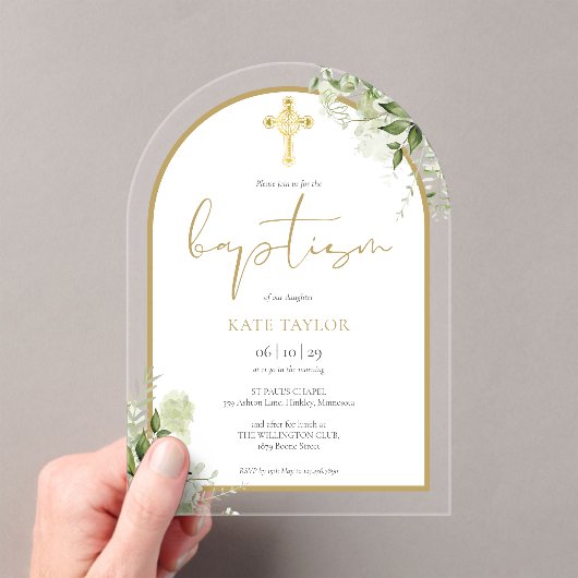 Elegant Gold Arch Greenery Floral Foliage Baptisme Acryl Uitnodigingen (Insitu (Draagbaar))