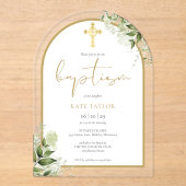 Elegant Gold Arch Greenery Floral Foliage Baptisme Acryl Uitnodigingen (Voorkant)